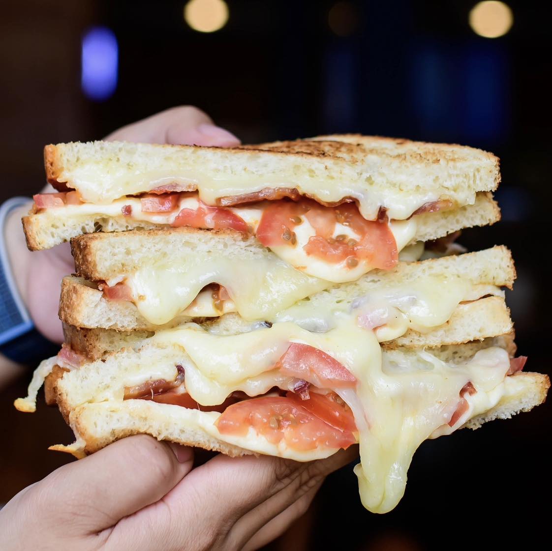 Hands holding a diagonally cut sandwich with melted cheese