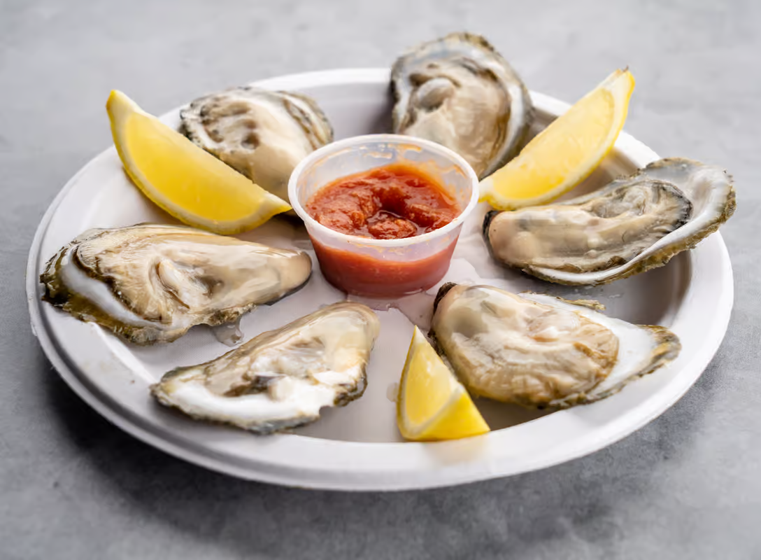 Plate of raw Oysters and lemon slices