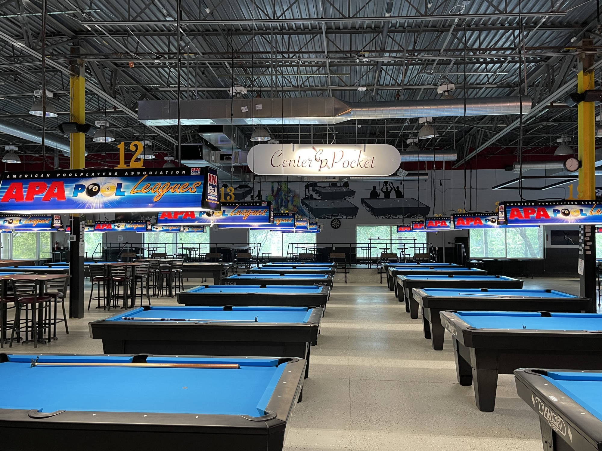 Interior of Center Pocket, with rows of pool tables