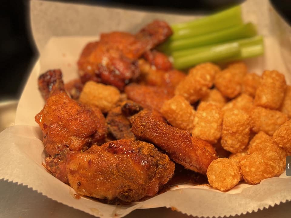wings with celery and tater tots