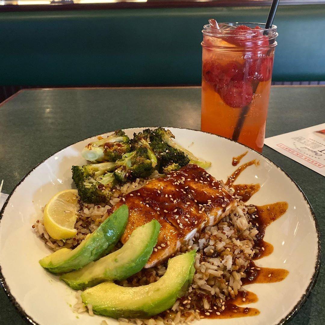 a Korean Salmon Bowl and a drink