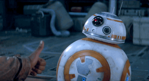 a gif of Finn giving BB8 a thumbs up and BB8 returning it